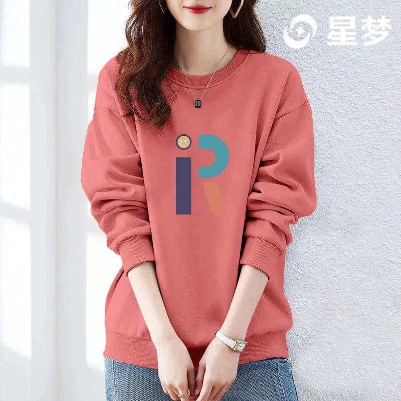 韩版女士宽松小众圆领纯色卫衣2025春秋新款设计感精美印花上衣潮