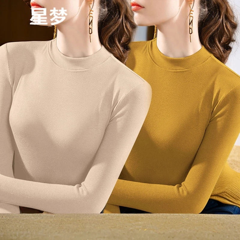 德绒螺纹长袖t恤女薄款内搭中领打底衣2025新款春秋欧货洋气小衫