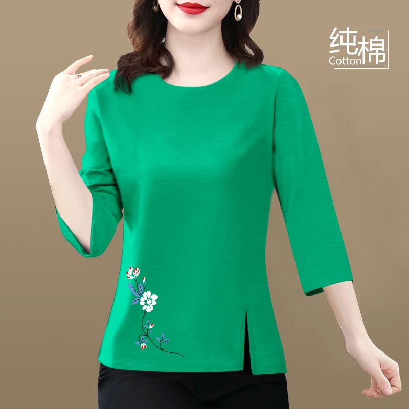 夏季新款宽松大码纯棉t恤女设计感开叉五分袖年轻妈妈七分袖上衣