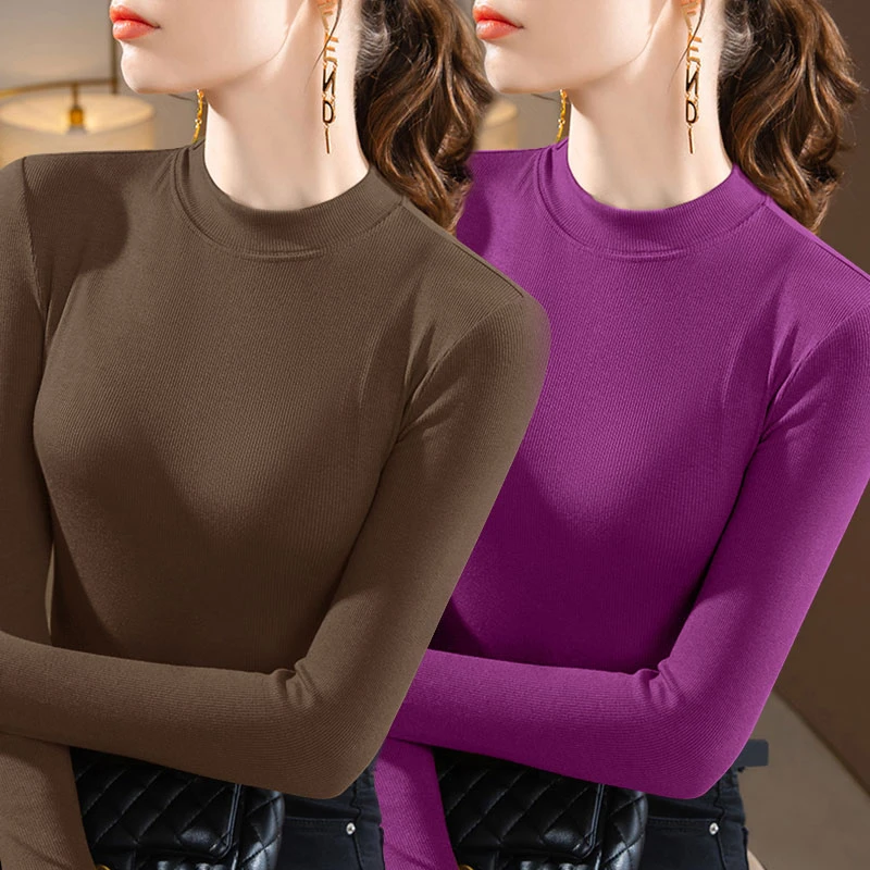 单/两件长袖弹性螺纹修身打底衫秋冬女装德绒保暖半高领内搭上衣