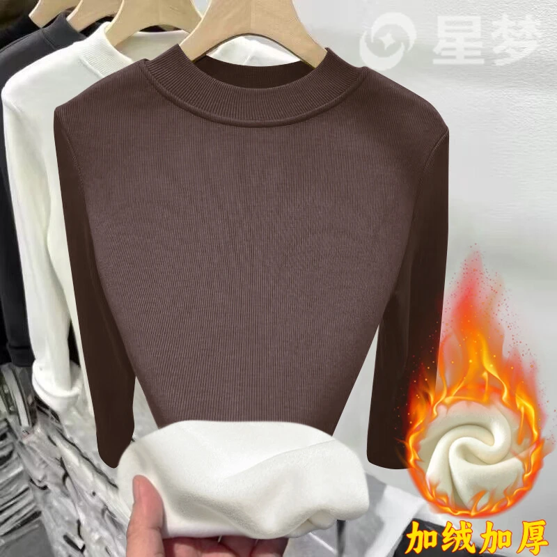 大码女装半高领加绒加厚打底衫胖mm秋冬款显瘦内搭一体绒T恤上衣
