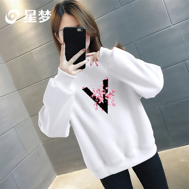 胖MM显瘦穿搭大码宽松上衣秋冬新款女装百搭设计感印花圆领卫衣潮