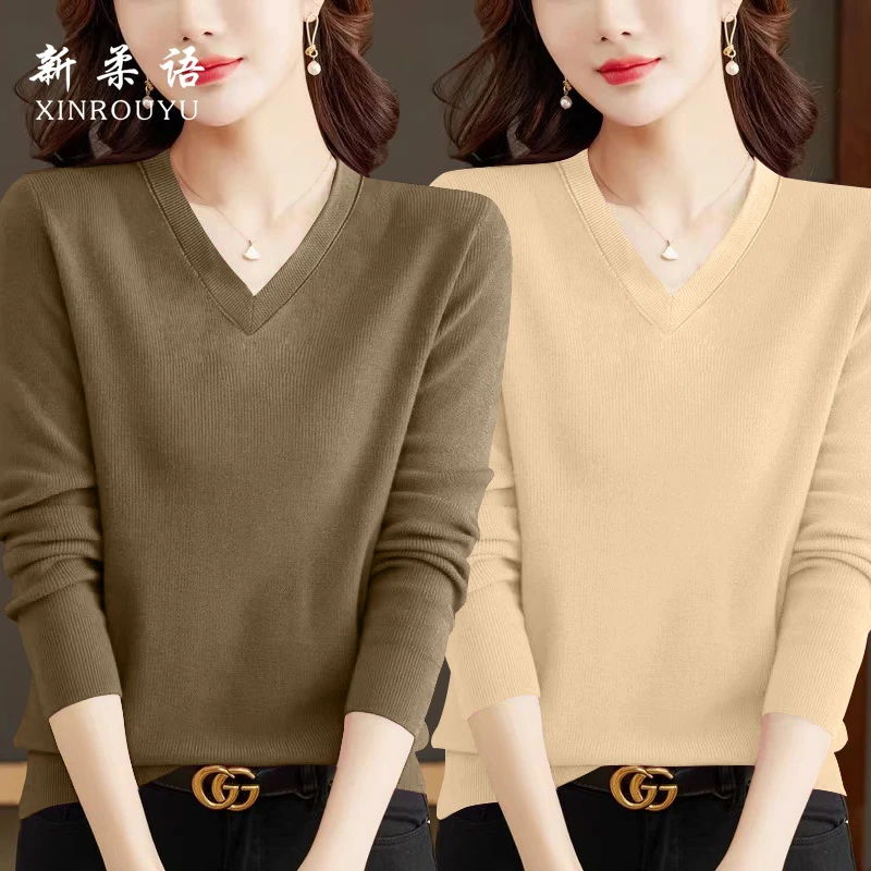 秋季港味小V领简约显瘦长袖t恤女士新款慵懒风百搭宽松洋气打底衫