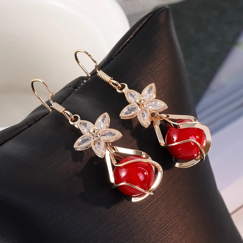 铜合金仿珍珠耳饰 喜庆耳饰红色新年耳环长款贝珠韩版轻奢耳环