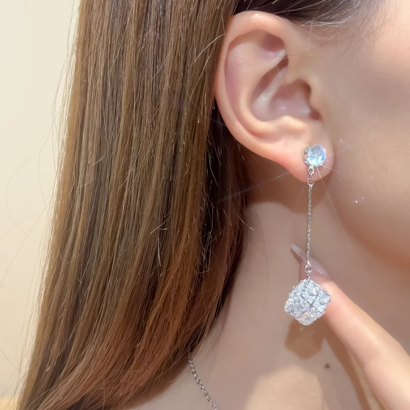 铜合金合成锆石耳饰 方糖轻奢耳饰小众简约经典耳环套装