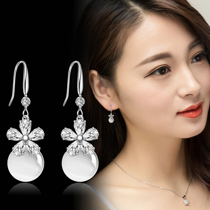 铜合金合成锆石耳饰 花朵耳环人造猫眼石气质百搭防过敏简约耳坠