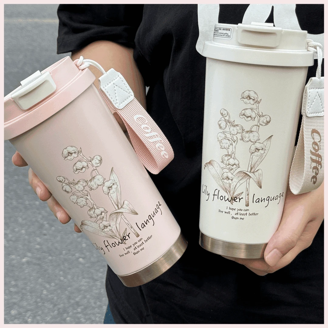 新款铃兰花水杯不锈钢保温杯高颜值提绳款咖啡杯便携吸管杯T165
