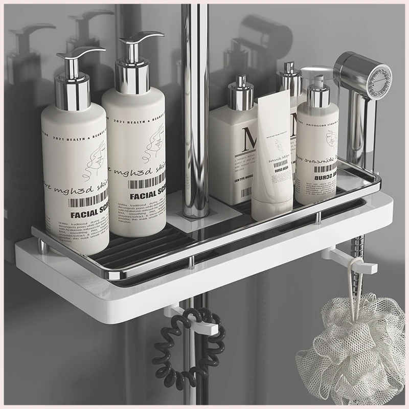 浴室免打孔花洒置物架淋浴杆支架升降托盘置物栏浴室带挂勾S917