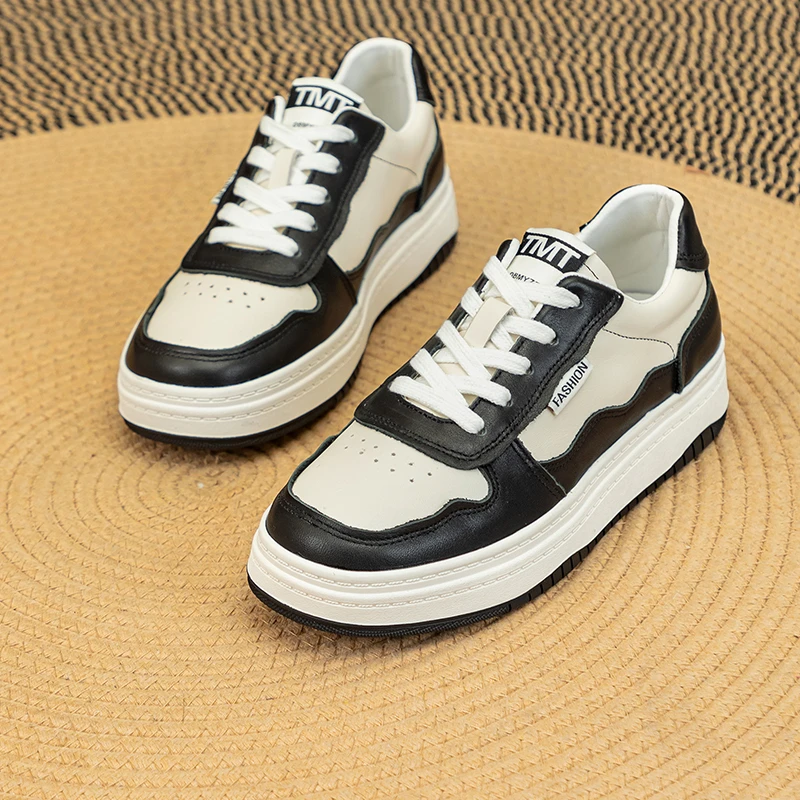 黑白熊猫鞋女2025春季新款百搭平底板鞋休闲真皮大码小白鞋女韩版