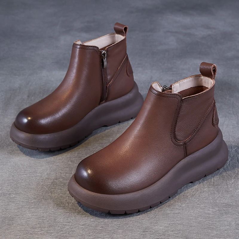 真皮切尔西短靴女百搭秋冬头层牛皮松糕厚底加绒妈妈休闲皮靴大码