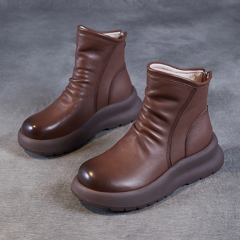 复古平底及裸靴女真皮后拉链加绒保暖马丁靴秋冬季英伦风大码女靴