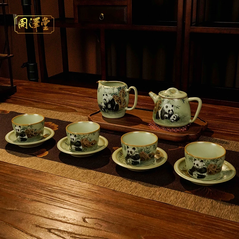 汝瓷省级工艺美术大师【潮州余秀华】手工汝窑大师手绘熊茶壶套组