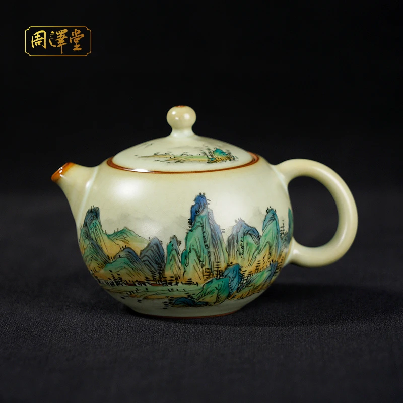 汝瓷省级工艺美术大师【潮州余秀华】手工绘画汝窑茶壶开片俏西施
