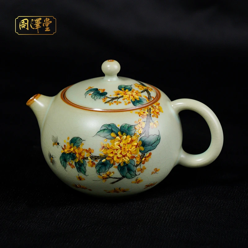 汝瓷省级工艺美术大师【潮州余秀华】手绘汝窑开片茶壶俏西施·桂花