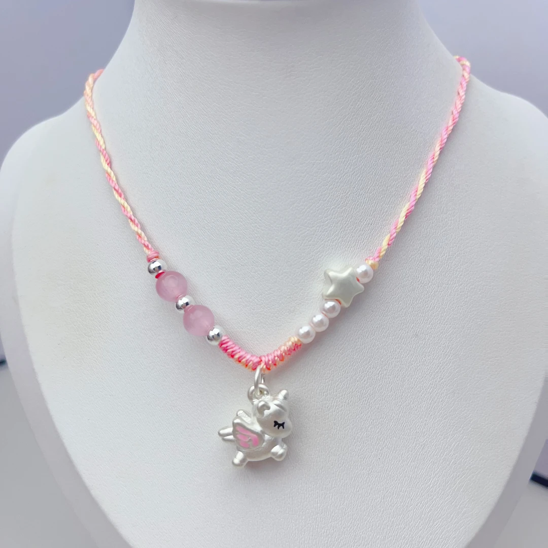 吊坠足银  足银999独角兽可爱甜美少女吊坠百搭手工编织可调节