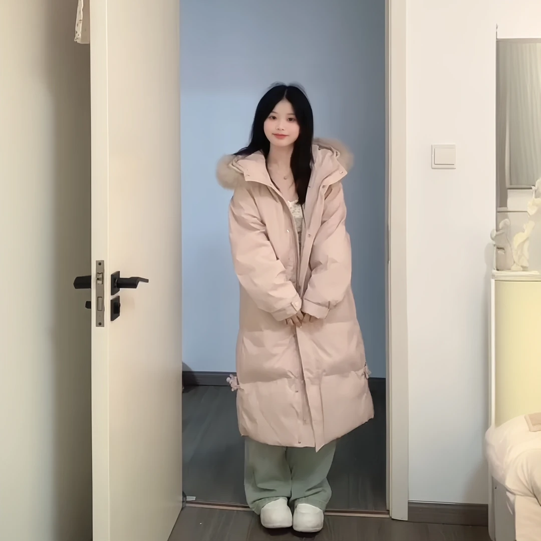 棉服女中长款2025冬季新款毛领国风长款过膝连帽加厚宽松甜美外套