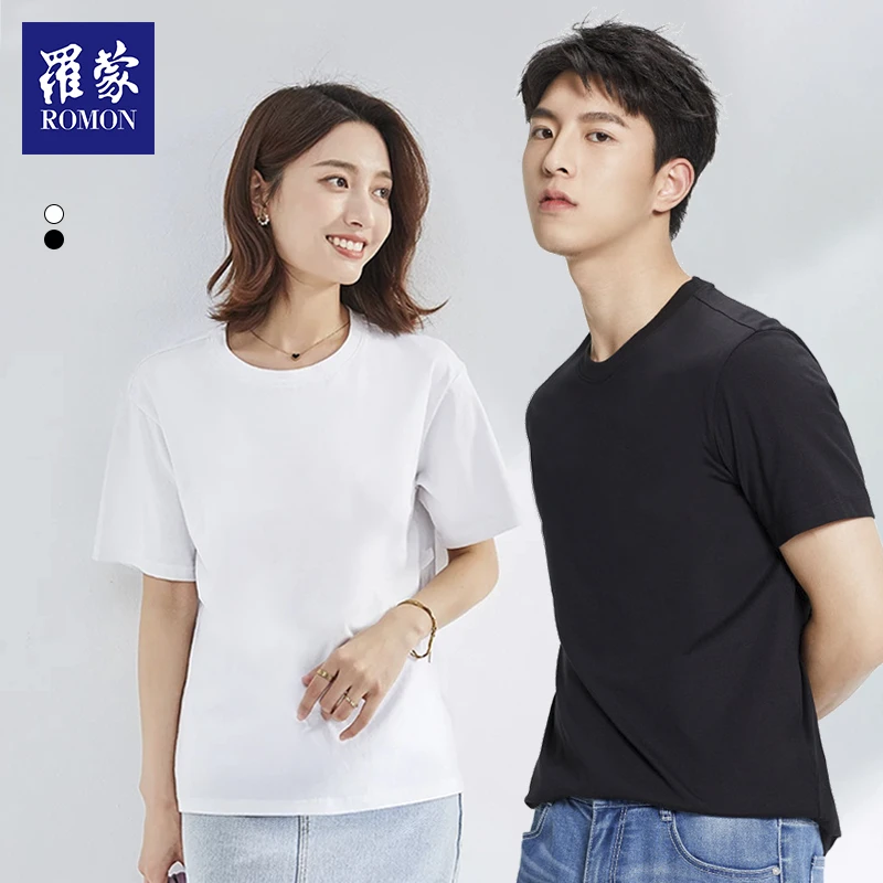 A罗蒙夏季男女同款休闲圆领T恤基础款白色纯棉短袖情侣户外时尚