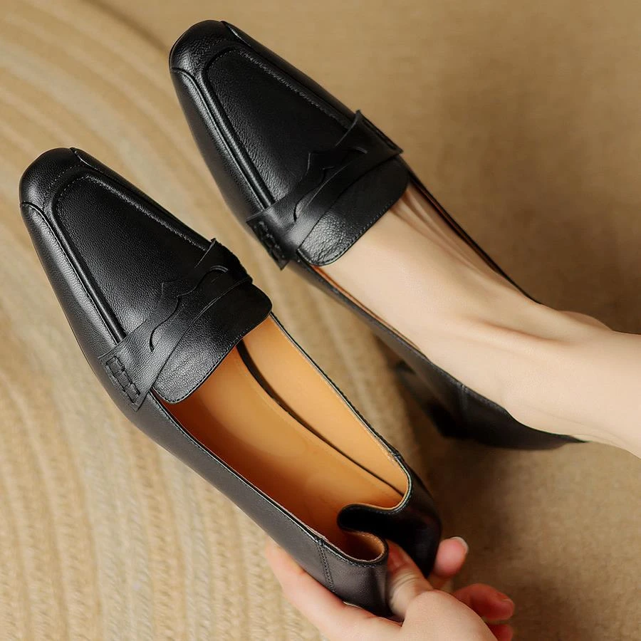 半坊手工女鞋|34-40|3.5cm春秋新款复古真皮尖头粗跟软底浅口单鞋