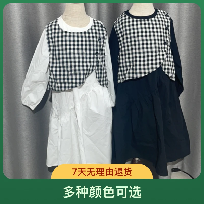 女童连衣裙时尚长袖格子拼接黑白春季假两件秋季