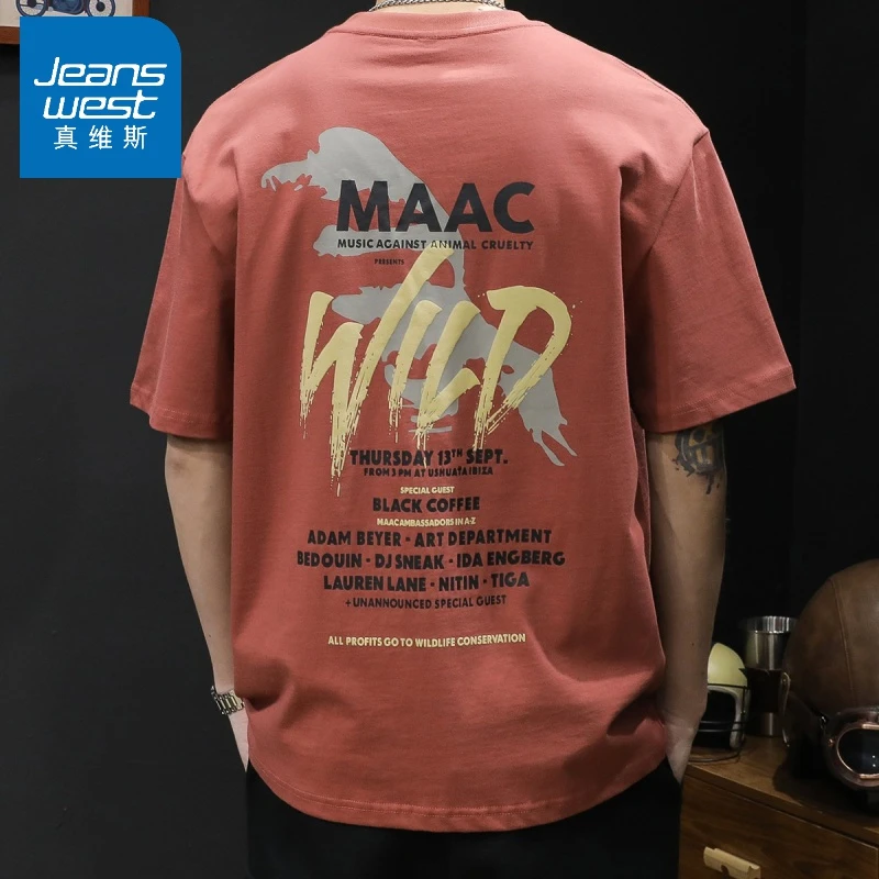 Jeanswest/真维斯2024新款美式重磅印花短袖夏季纯棉宽松大码潮流