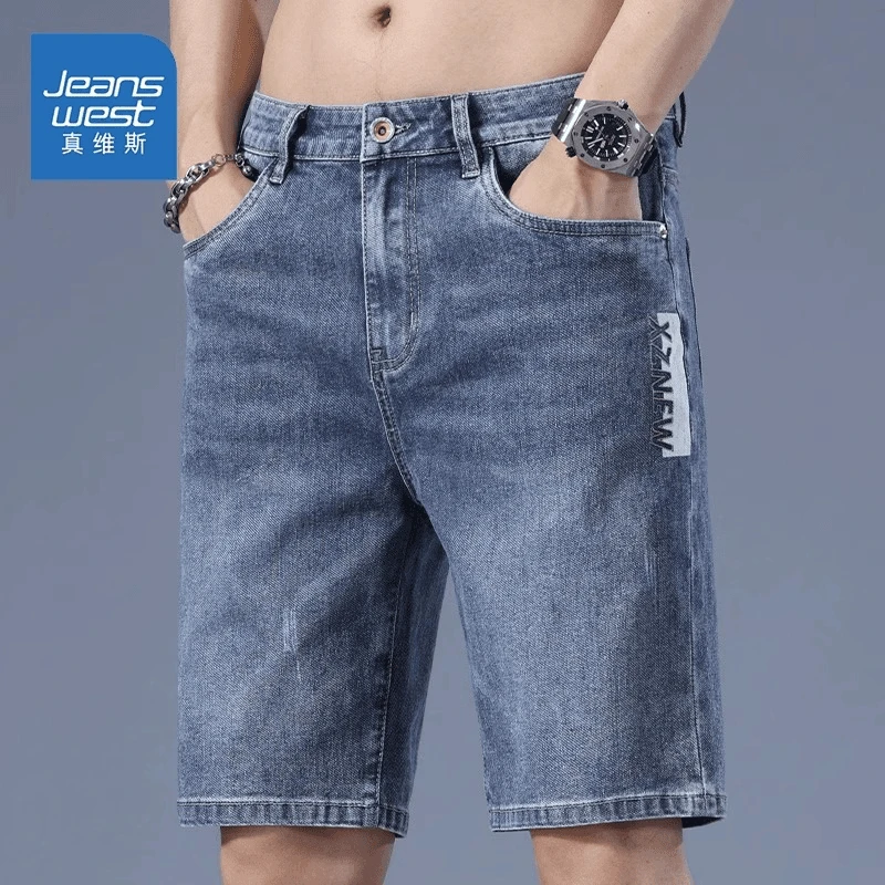 Jeanswest/真维斯牛仔短裤男士夏季五分裤2024新款弹力直筒中裤男