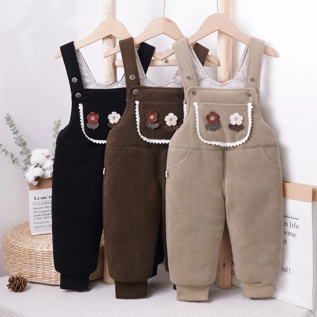 宝宝背带棉裤冬上新款小花朵洋气女童夹棉加厚柔软儿童婴儿直筒裤