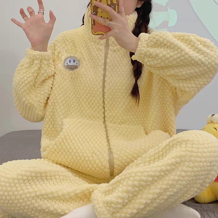 新款春秋款加绒保暖甜美女士长袖冬季宽松卡通毛绒套装睡衣可爱