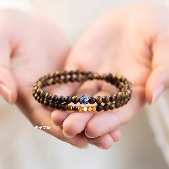 沉香王菲同款海南沉香手串双圈手串烧蓝莲花转运珠女中式叠戴