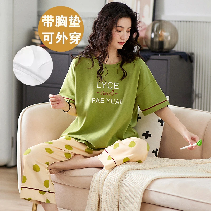 带胸垫睡衣女夏季新款短袖七分裤薄款休闲夏天可外穿家居服套装