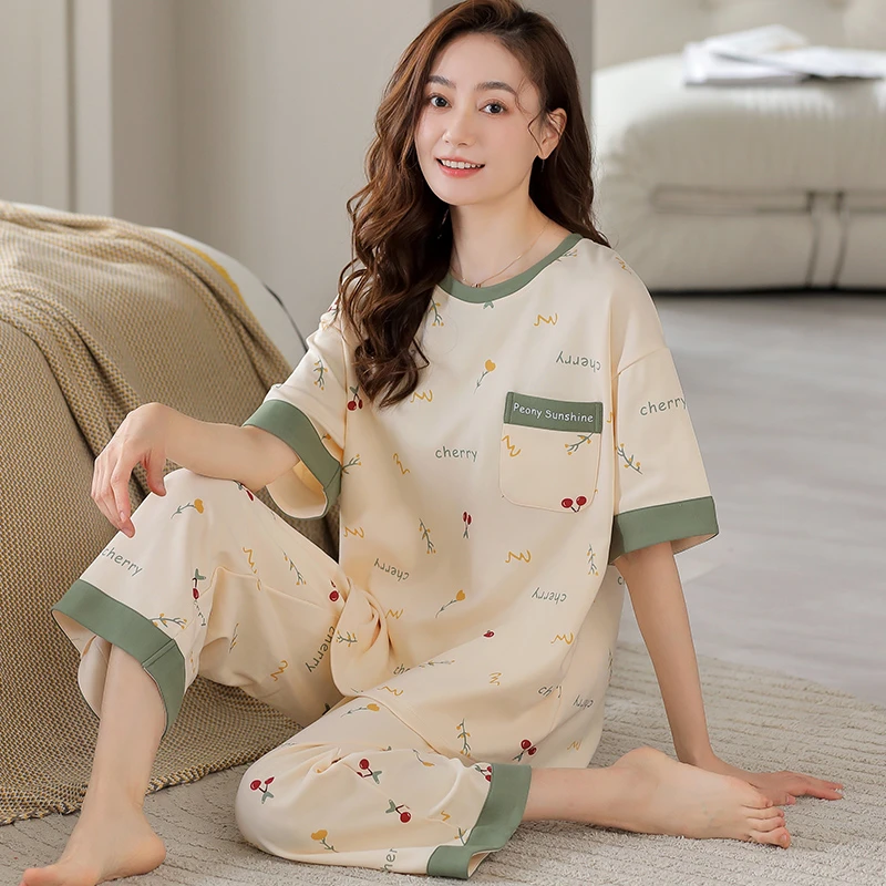 【拍一发三】睡衣夏天女薄款短袖女士七分裤裤休闲纯棉大码家居服x