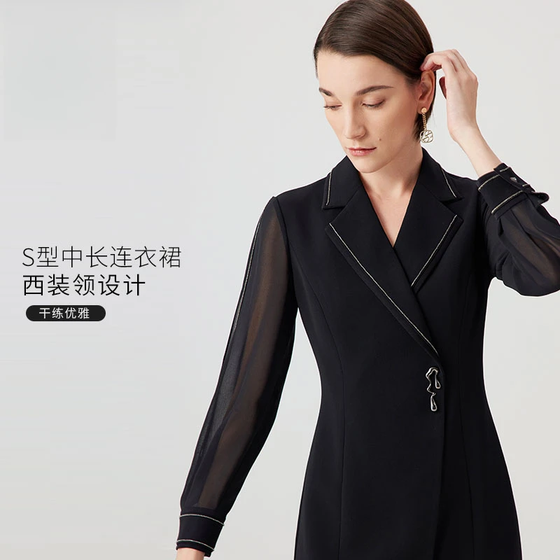 赢智尚新款黑色醋酸连衣裙轻奢法式显瘦干练职场裙名媛ZF02576