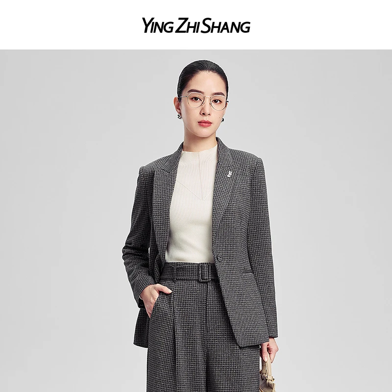 赢智尚2024秋新款气质灰高端格纹绵羊毛西装套装女显瘦ZA-ZA02083