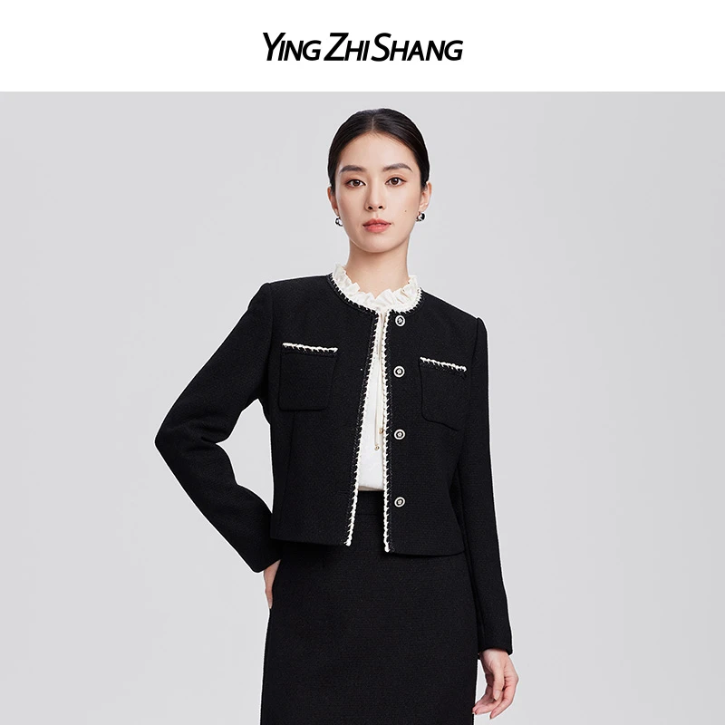 赢智尚2024秋新款黑色短款小香风外套女高档轻奢时尚优雅ZB00693