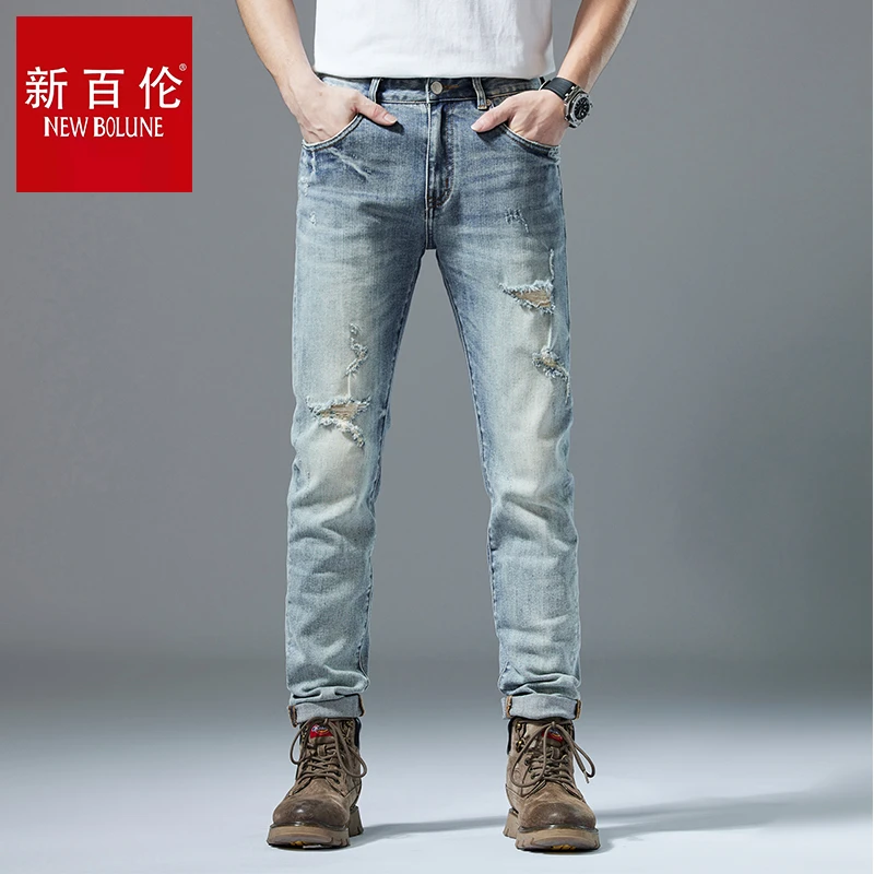 新百伦牛仔裤爆款潮流男士新款百搭时尚牛仔直筒休闲破洞修身弹力