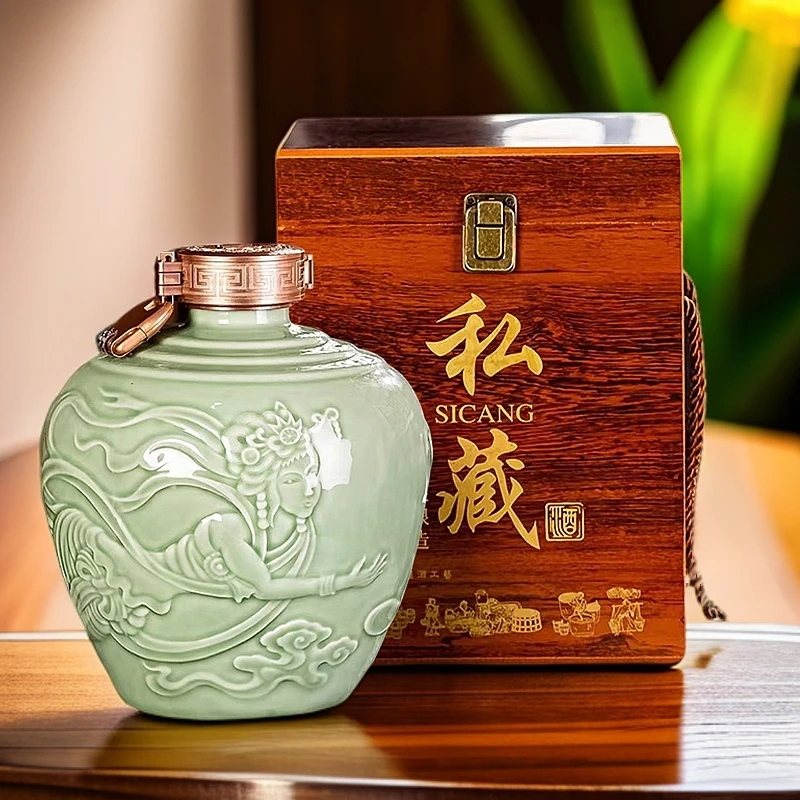 景德镇飞天酒坛2斤5斤装陶瓷空酒瓶家用密封酒壶复古青釉存酒罐