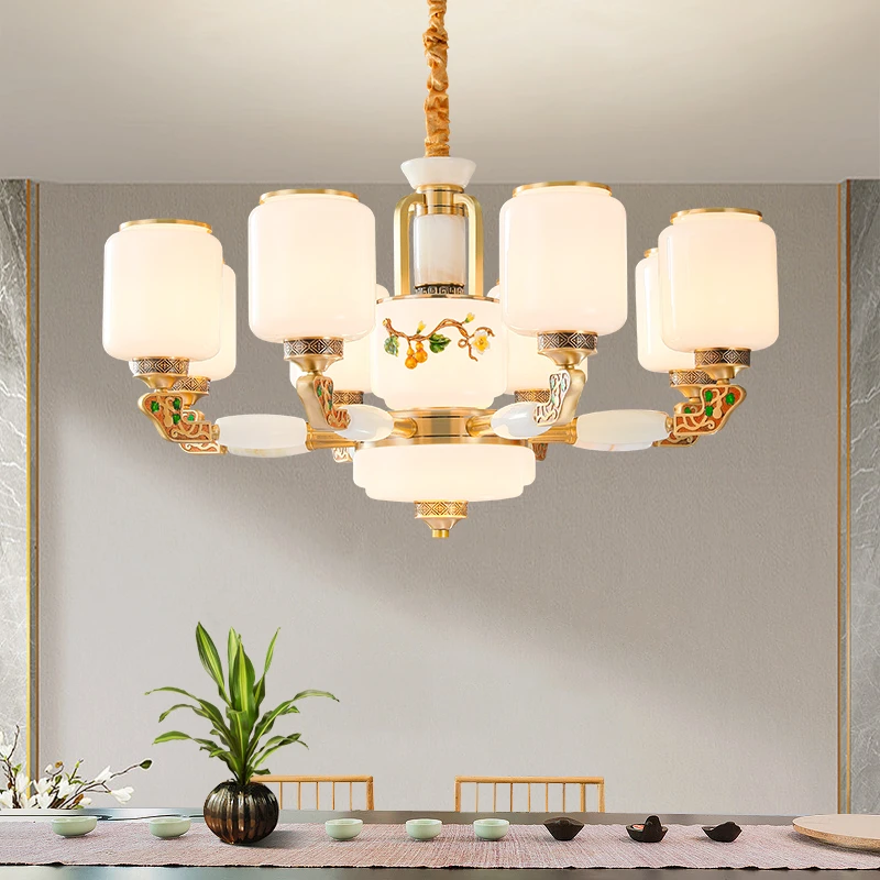 全铜新中式客厅吊灯阿富汗进口真玉石餐厅灯别墅复式宴会中山灯具