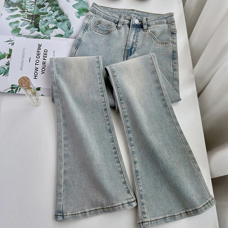 浅色微喇牛仔裤女2025春季高腰弹力显瘦马蹄裤小个子拖地喇叭裤子