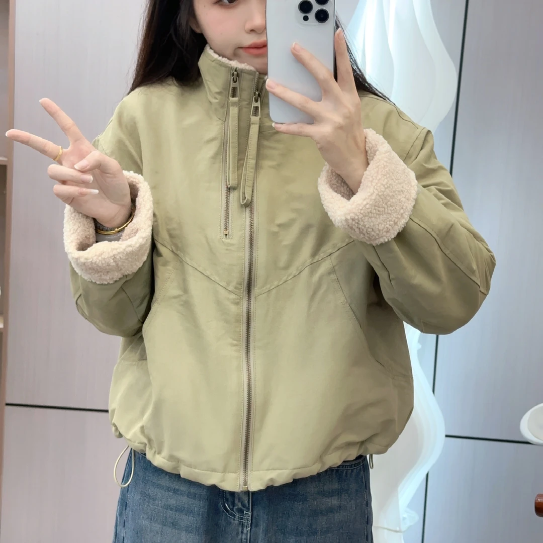 7451短款派克服女2024冬款韩系休闲宽松小个子毛毛拼接棉服外套