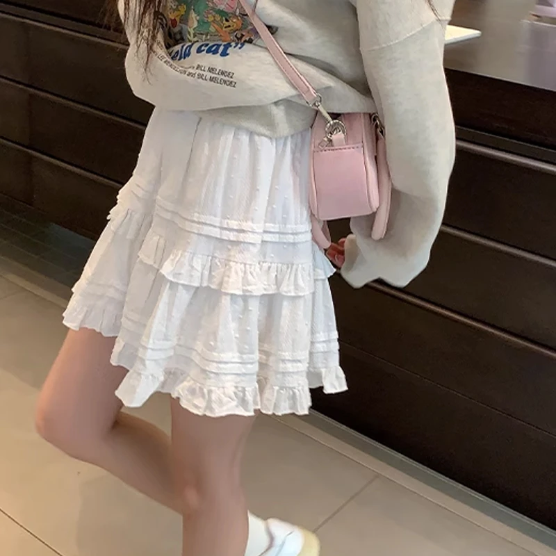 白色高腰半身裙女夏季显瘦蛋糕裙小个子a字裙芭蕾风短裙防走光