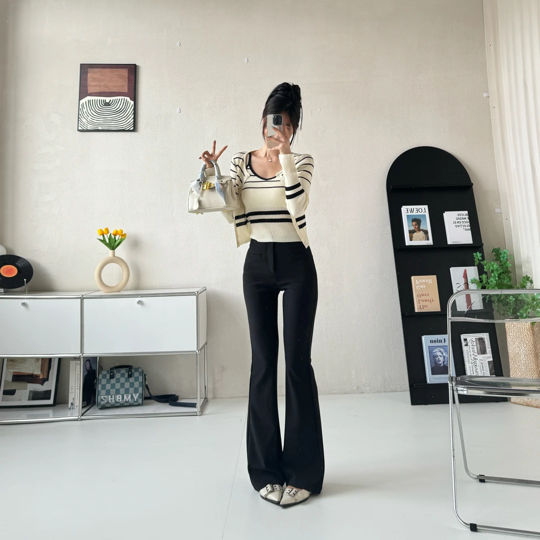 春季新款高腰微喇叭弹力西装裤女休闲显瘦修身黑色常规垂感拖地裤