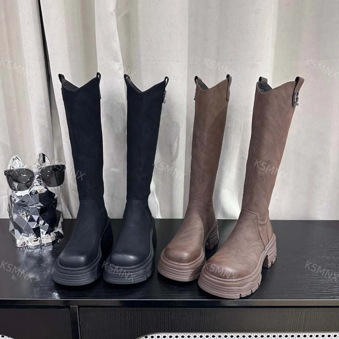 [闪电靴]厚底长靴秋冬新款显瘦V口瘦瘦靴后拉链骑士靴女高筒靴