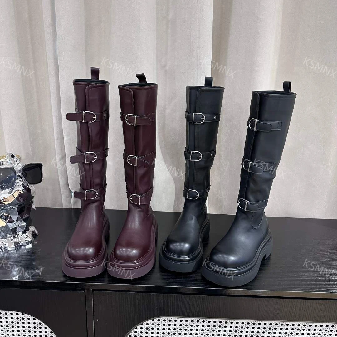[维多利亚】骑士靴厚底三排搭扣小众设计师款机车靴高筒靴女长靴