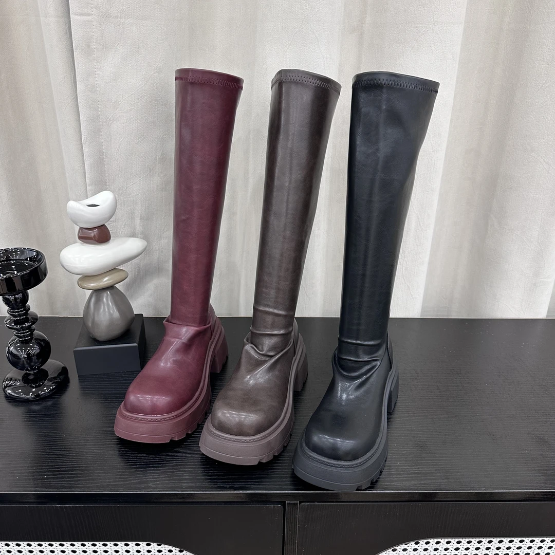 安可拉红长筒靴褶皱倒靴2024厚底显瘦弹力靴腿精款高靴女不过膝靴