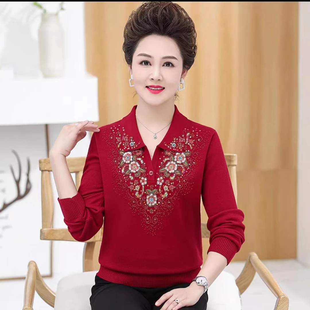 针织衫秋季中老年翻领绣花洋气长袖大码中年秋装重工妈妈装5001