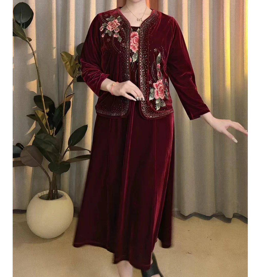 时尚气质显瘦复古婚宴春秋中式高贵金丝绒绣花两件套1708