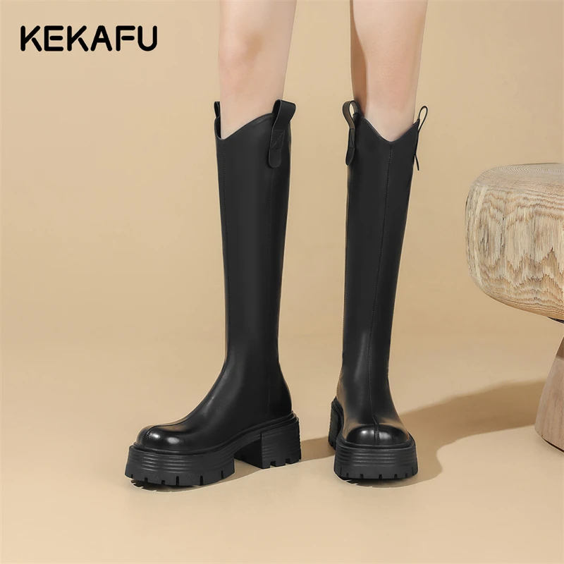 珂卡芙时尚长靴2025年秋冬小个子厚底圆头潮流百搭英伦风长筒女靴