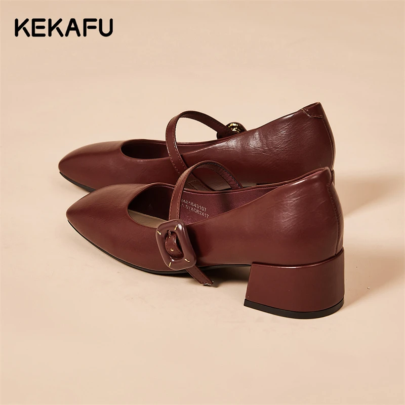 珂卡芙复古一字带玛丽珍鞋2025年秋季新款单鞋百搭方头粗跟小皮鞋