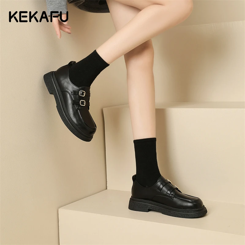 珂卡芙黑色粗跟英伦风女鞋时尚舒适百搭单鞋2025秋季新款乐福鞋女