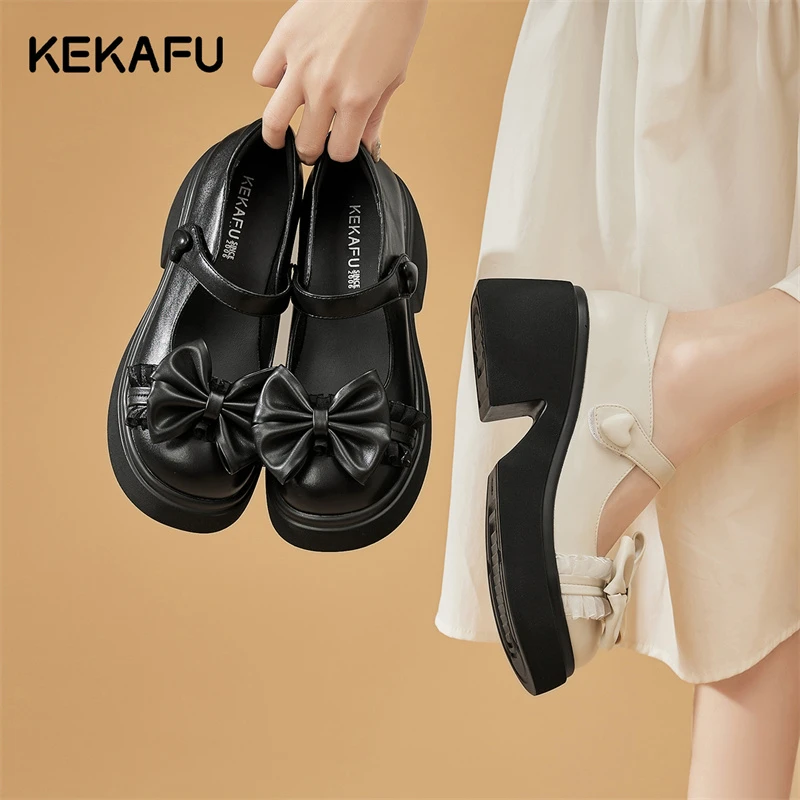 珂卡芙法式玛丽珍黑色秋季新款厚底增高蝴蝶结配裙子粗跟舒适单鞋