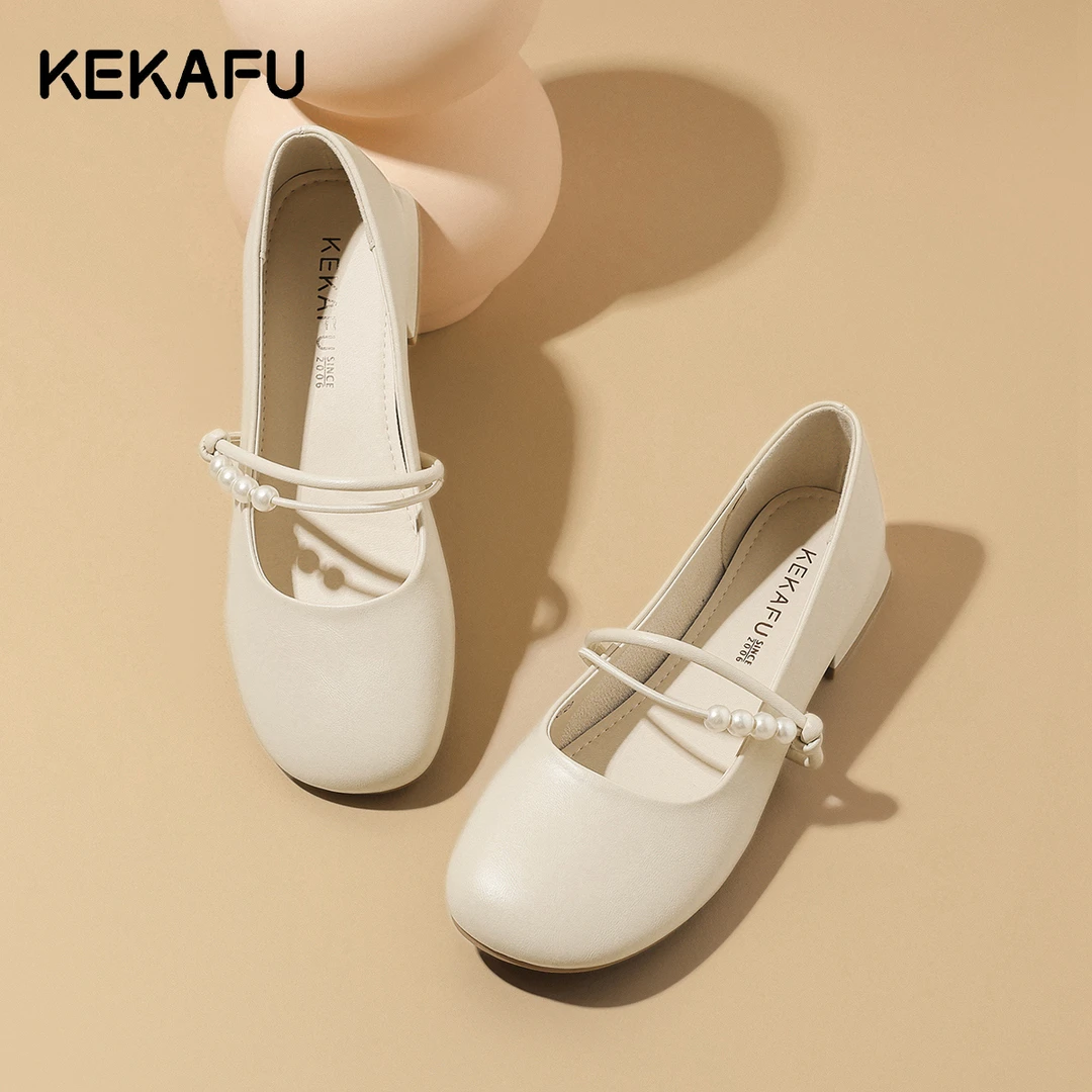 珂卡芙法式珍珠玛丽珍鞋女2025秋季新款小皮鞋一字带粗跟浅口单鞋